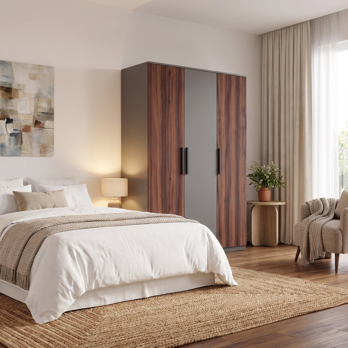 [Walnut] Bedroom lifestyle view with closed wardrobe beside a bed, warm lamp light, curtain, and side table