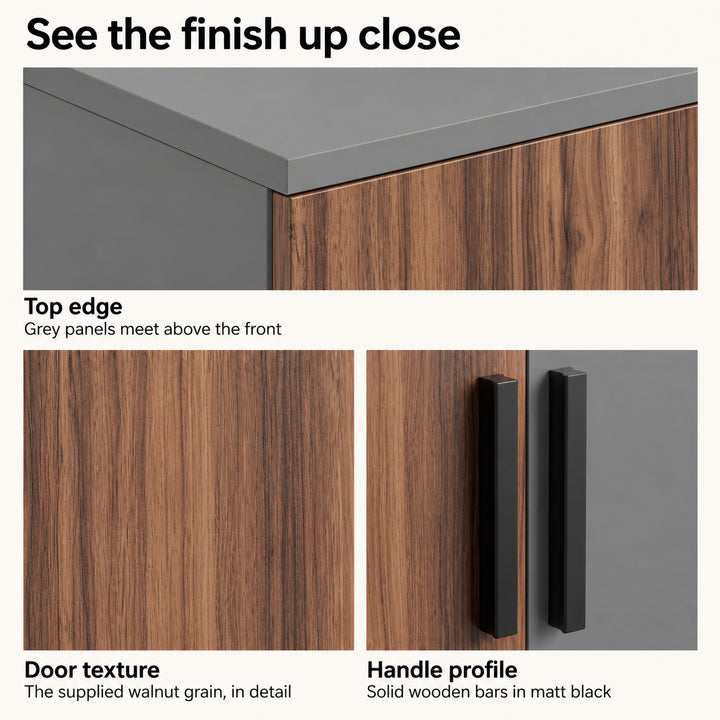 [Walnut] Finish detail collage showing top edge, wood grain texture, grey panel, and black handle profile