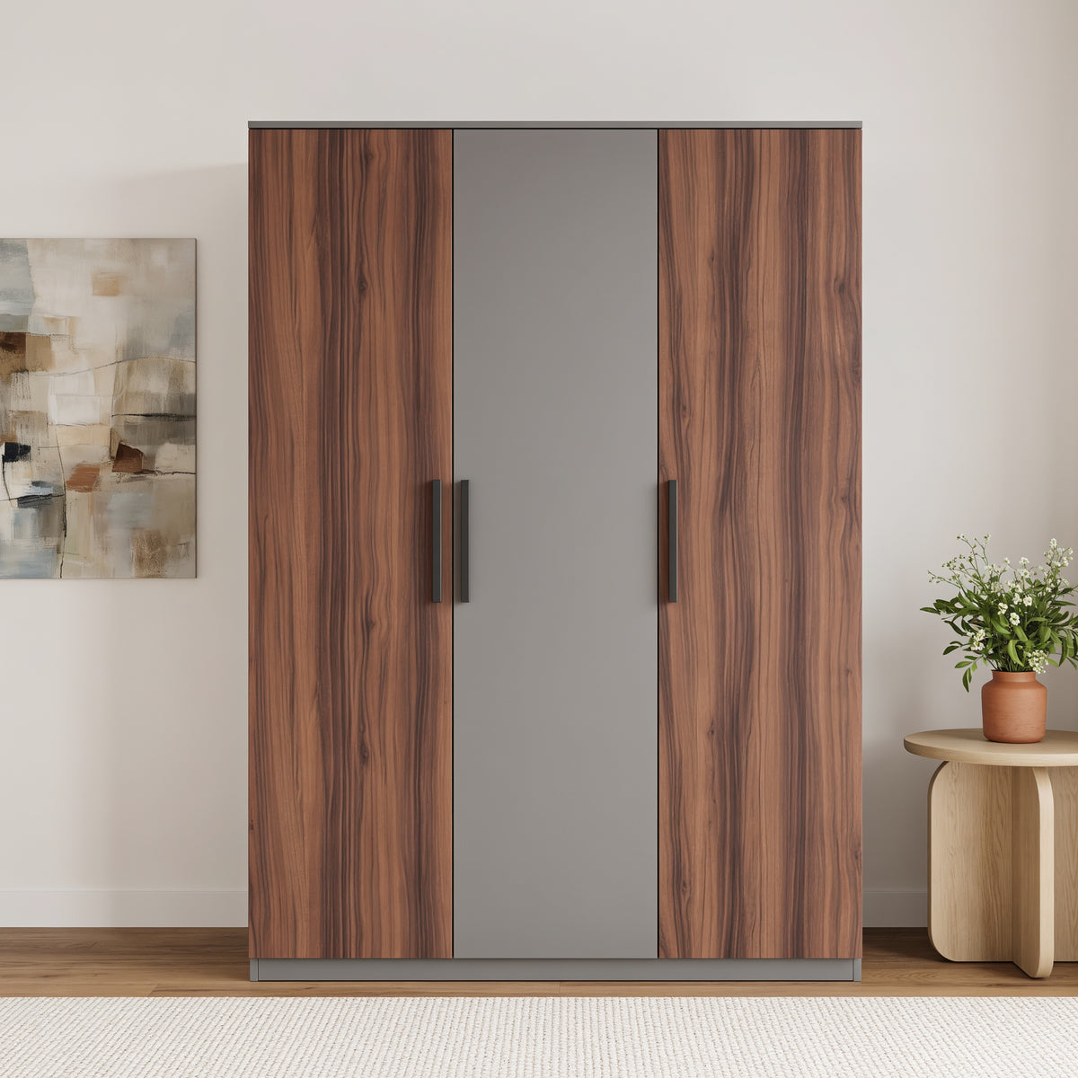 [Walnut] Straight front view showing mixed panel doors, black handles, low base plinth, and side table