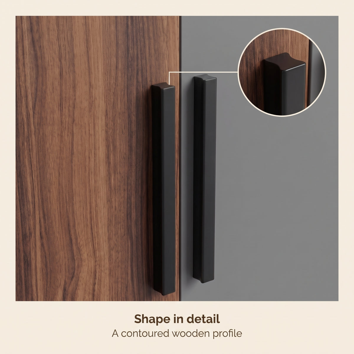 [Walnut] Close-up handle profile detail showing paired black handles across wood grain and grey door panels
