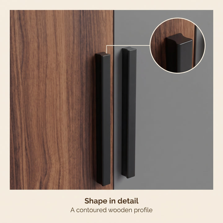 [Walnut] Close-up handle profile detail showing paired black handles across wood grain and grey door panels