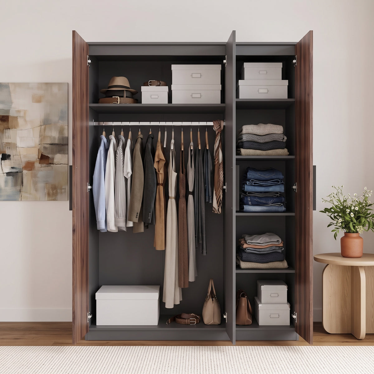 [Walnut] Open interior view showing hanging rail, shelf column, folded clothes, storage boxes, and shoes