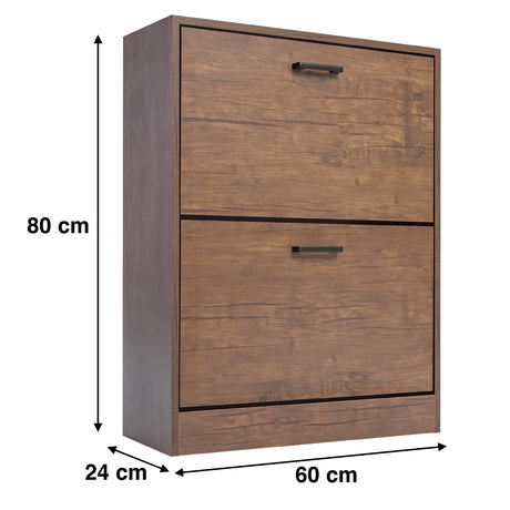 Dimensions of narrow shoe storage in walnut : width 60 cm, depth 24 cm, and height 80 cm.