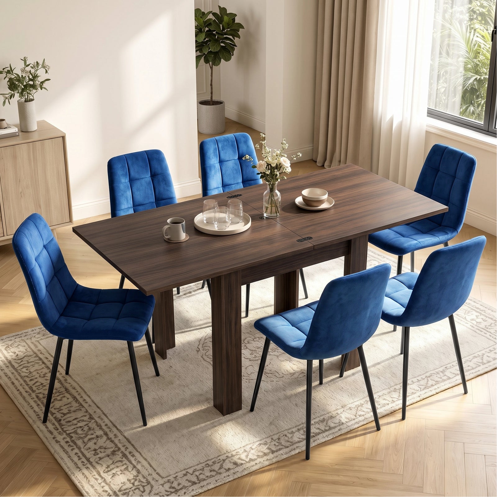 [Walnut] Extended flip-top dining table with six blue chairs, flower vase, four glasses, mug, bowl and plate