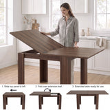 [Walnut] Woman extending table: Step 1 slide top panel left, Step 2 fold over 40cm leaf, Step 3 extendable table ready to use