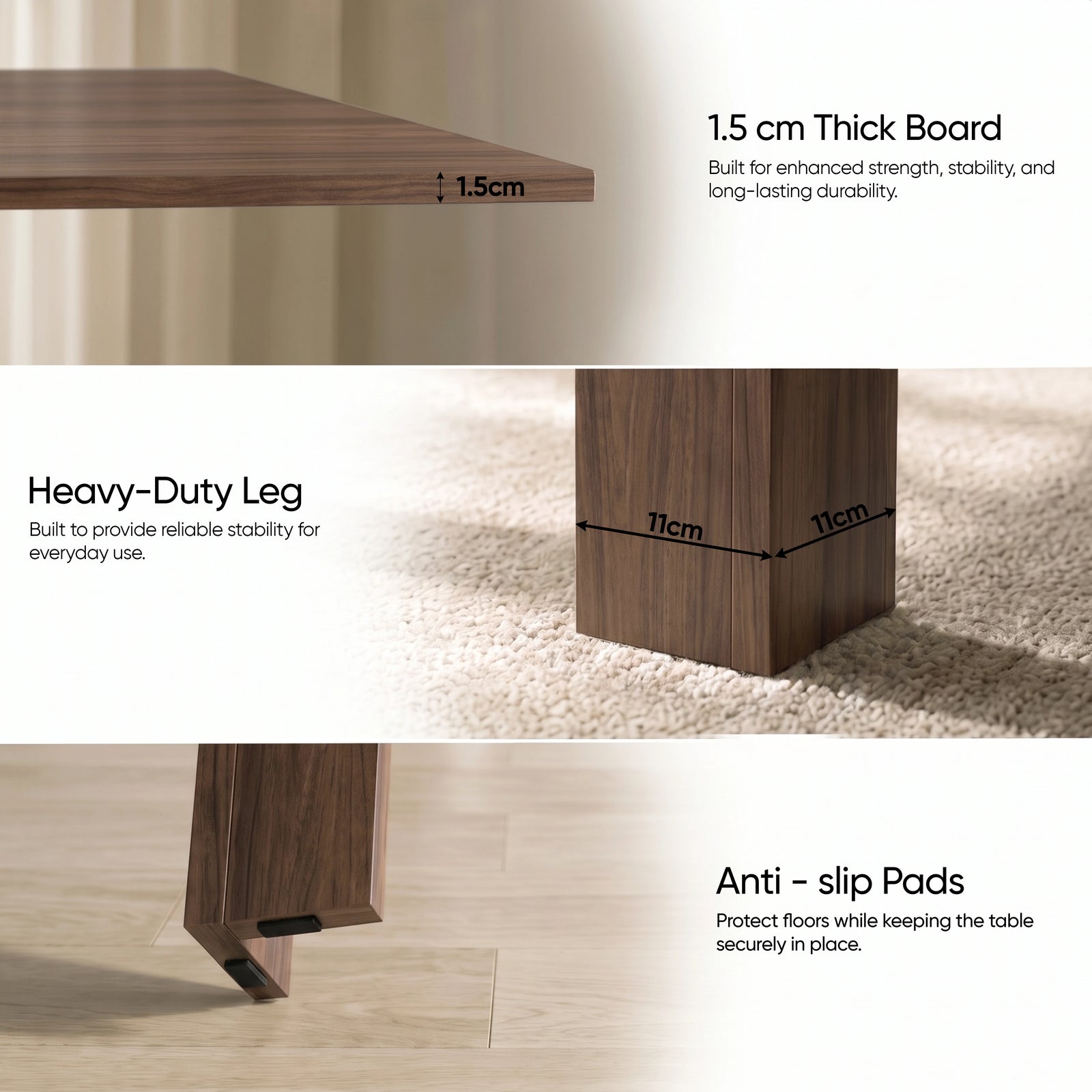 [Walnut] Flip-top extendable dining table details: 1.5cm board, 11 x 11cm heavy-duty leg and anti-slip footpads.