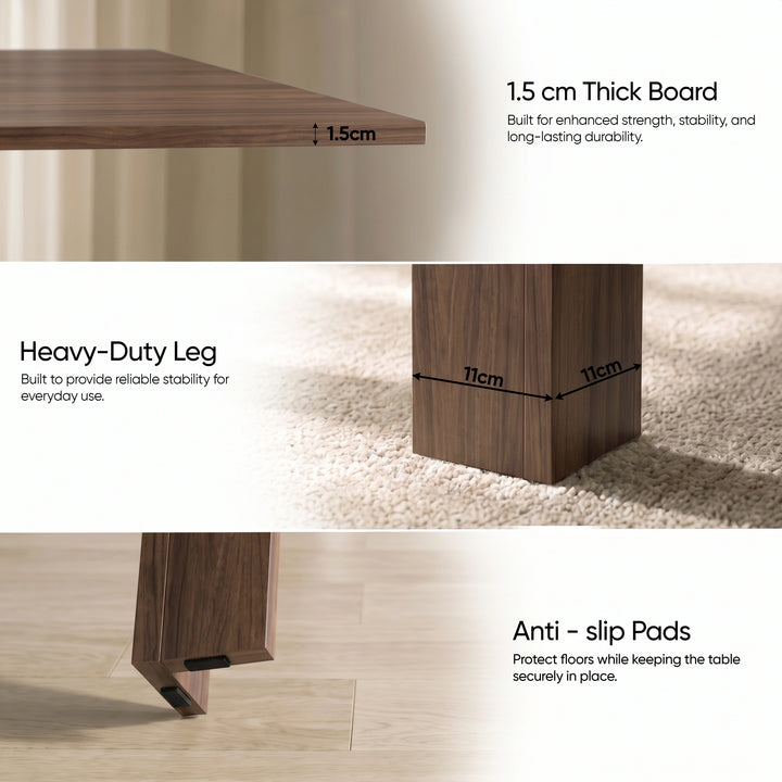 [Walnut] Flip-top extendable dining table details: 1.5cm board, 11 x 11cm heavy-duty leg and anti-slip footpads.