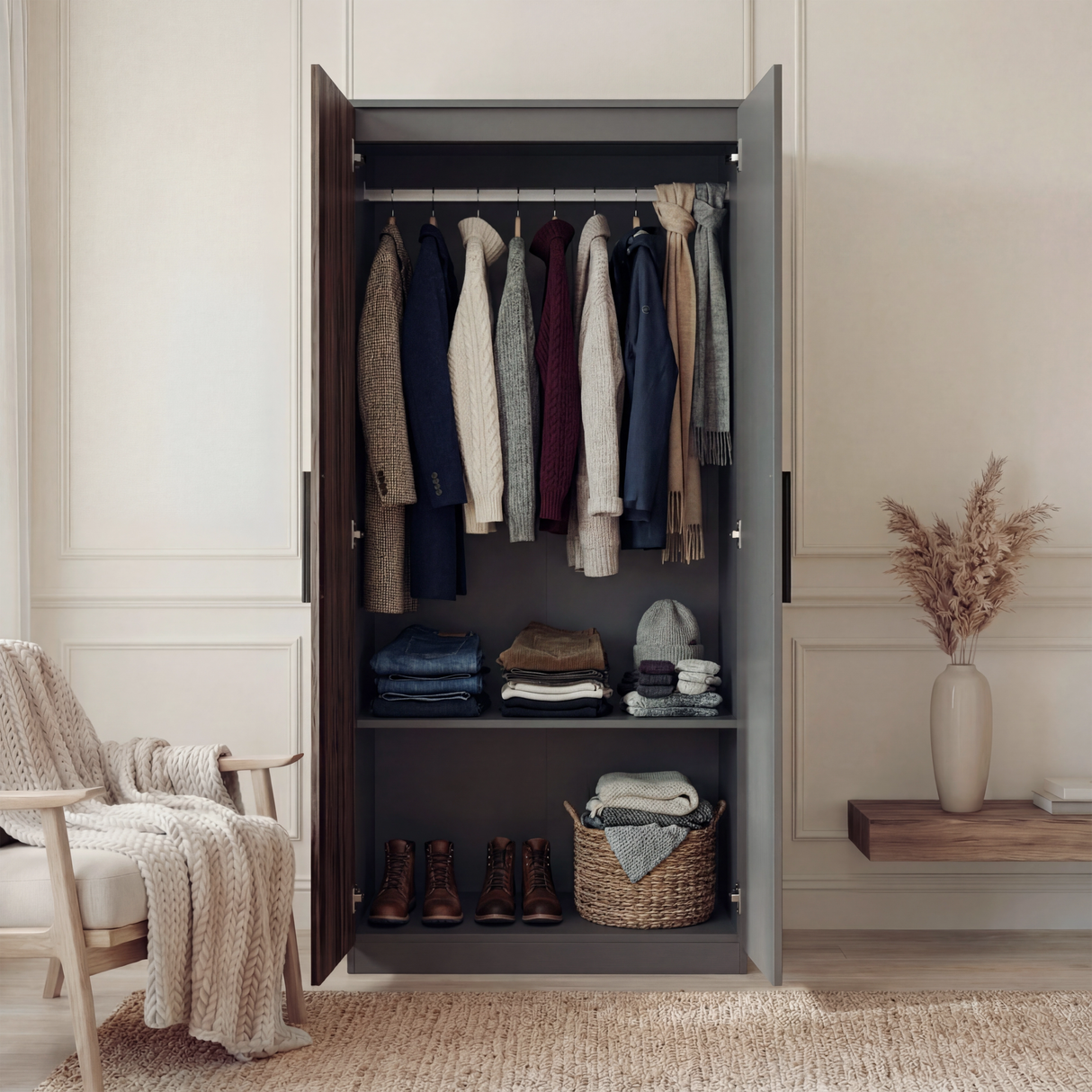 [Walnut] two door plain wardrobe interior with hanging rail and shelving compartment