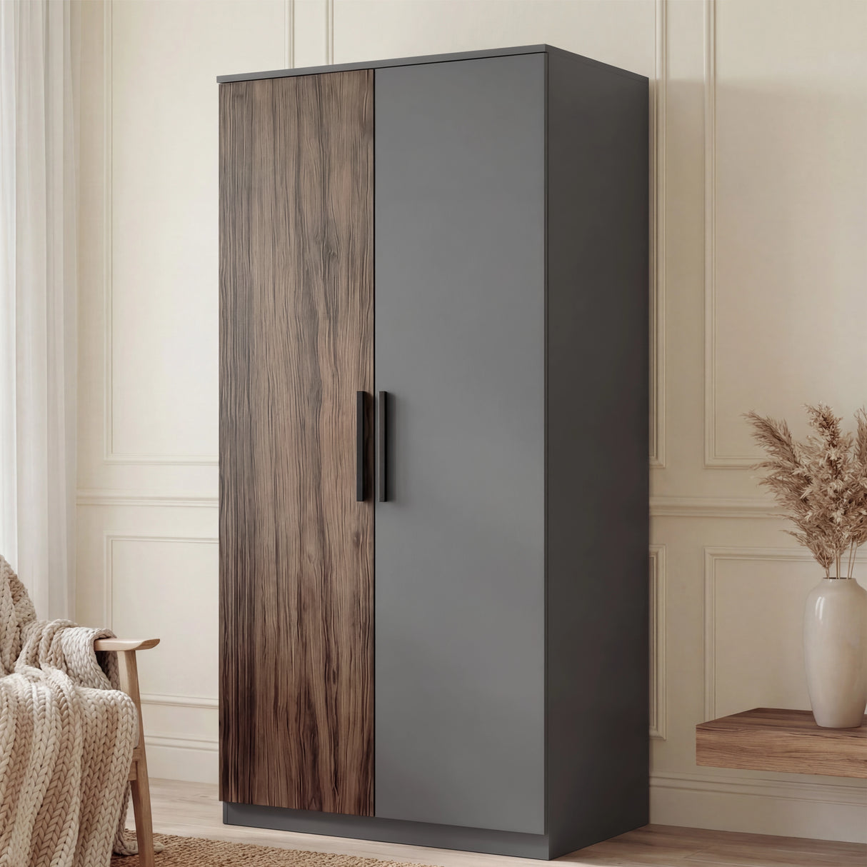 [Walnut] two door wardrobe placed in room with dual tone panels and vertical wooden black handles