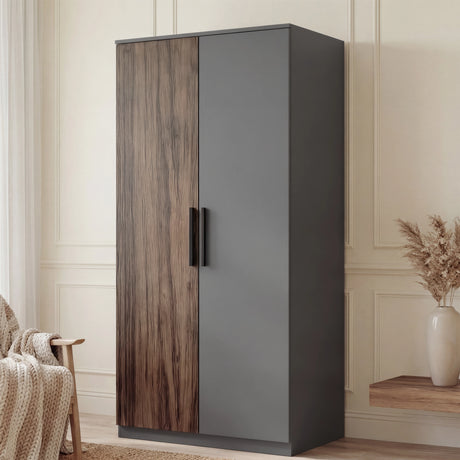 Walnut grey two door wardrobe placed in room with dual tone panels and vertical wooden black handles