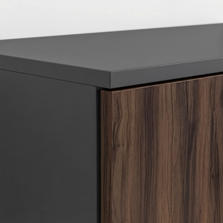 [Walnut] Top panel corner detail of walnut grey two finish wardrobe showing layered and defined edges