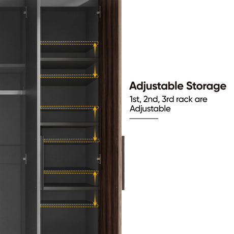 [Walnut+Grey] Interior view of a walnut grey 3-door wardrobe highlighting adjustable storage with three movable interior racks