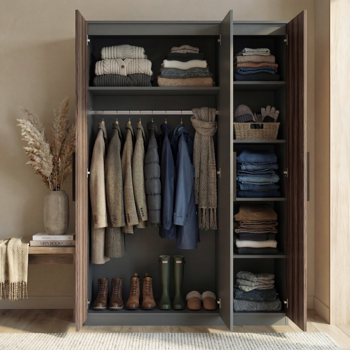 [Walnut+Grey] three door wardrobe interior with hanging rail section and multiple storage shelves