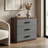 [Walnut] three drawer chest placed in room with dual tone finish and matte black wooden handles