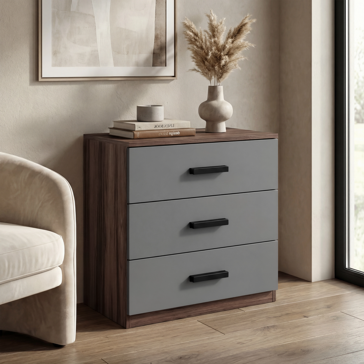 [Walnut] three drawer chest placed in room with dual tone finish and matte black wooden handles