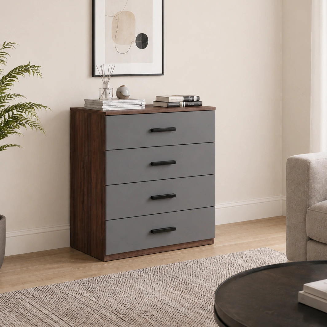 [Walnut] 4-drawer chest of drawers with a grey front and walnut sides, styled in a modern living room setting next to a sofa and a framed abstract print.