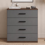 [Walnut] Walnut top with books, frames and decor pot above four grey drawer fronts on Blythe 4 chest of drawers
