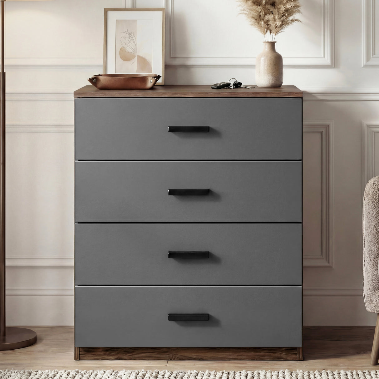 [Walnut] Front view of walnut grey four drawer chest with flat drawer fronts and black wooden stylish handles