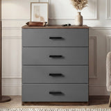[Walnut] Front view of walnut grey four drawer chest with flat drawer fronts and black wooden stylish handles