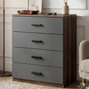 [Walnut] four drawer chest styled in neutral interior with soft lighting and decorative accents