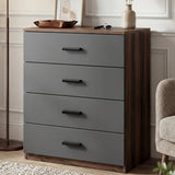 [Walnut] four drawer chest styled in neutral interior with soft lighting and decorative accents