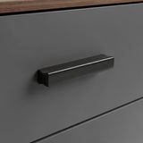 [Walnut] Close up of walnut grey drawer front with matte black wooden handle and clean surface detail of five chest of drawers