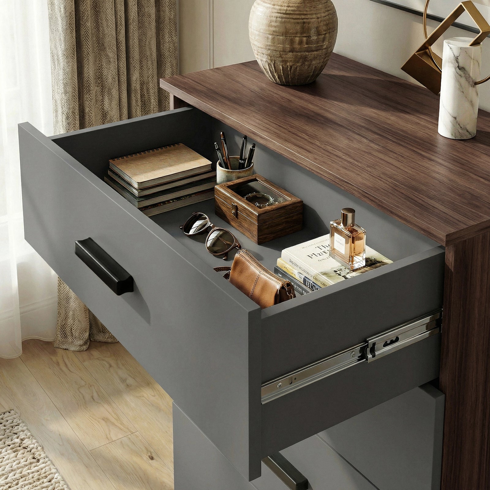 [Walnut] Close view of walnut grey drawer interior showing usable storage space and side runner mechanism