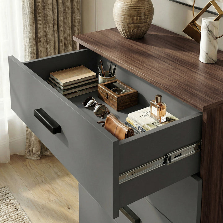 [Walnut] Close view of walnut grey drawer interior showing usable storage space and side runner mechanism