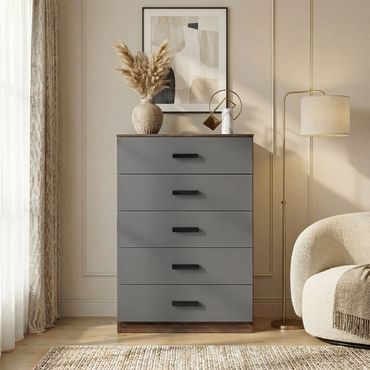 [Walnut] Front view of walnut grey five drawer chest with smooth drawer fronts and black bar handles