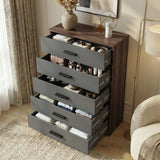 [Walnut] five drawer chest shown at an angle with drawers open, revealing storage depth and layout