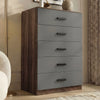 [Walnut] five drawer chest styled in neutral interior with soft lighting and decorative accents