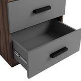 Close view of walnut grey bedside table two drawer front with wooden black handle and side panel