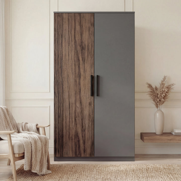 [Walnut] double door wardrobe front view with contrasting wood and grey cabinet finish