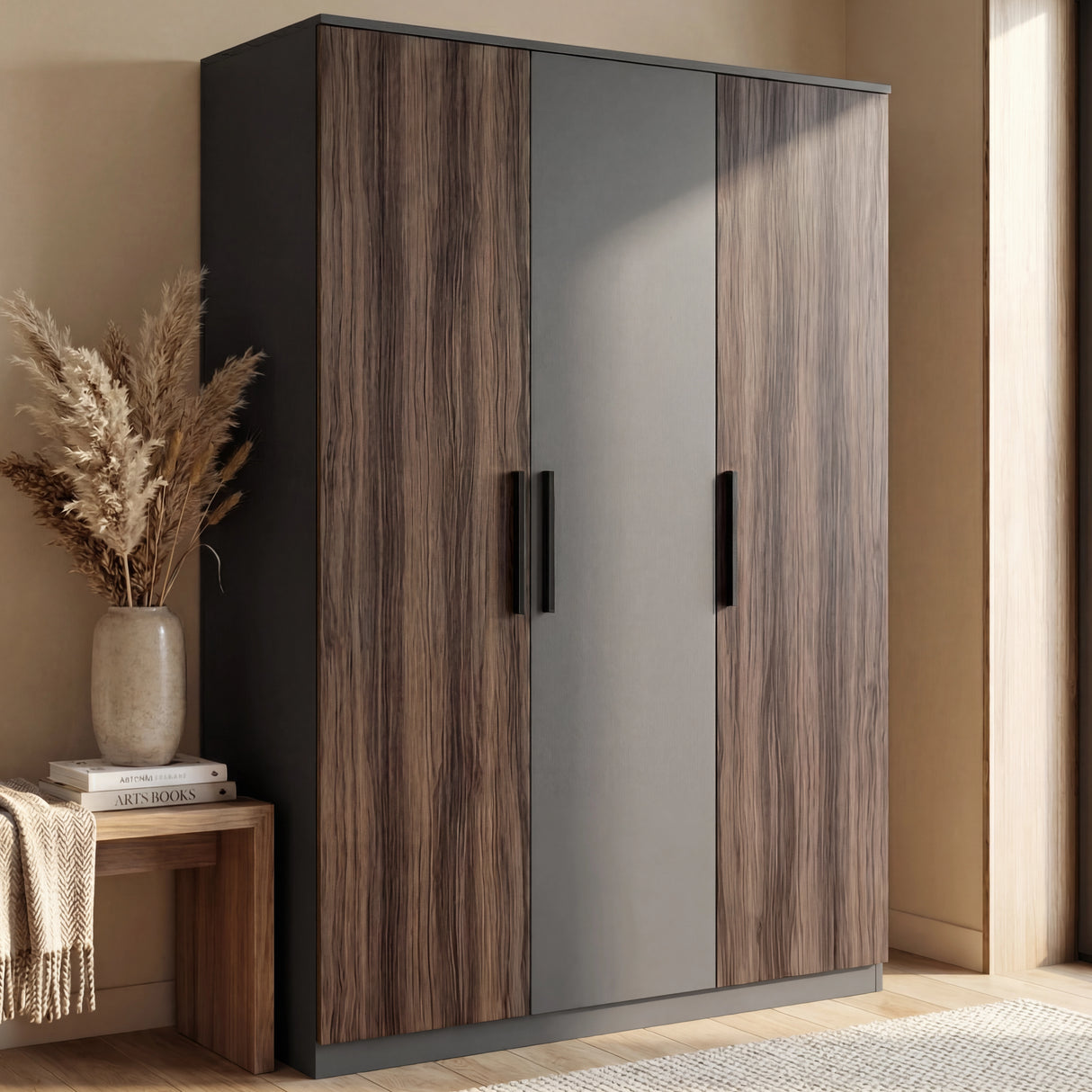 [Walnut+Grey] Three door walnut and grey wardrobe with contrasting panels and black vertical handles in room setting