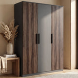 [Walnut+Grey] Three door walnut and grey wardrobe with contrasting panels and black vertical handles in room setting