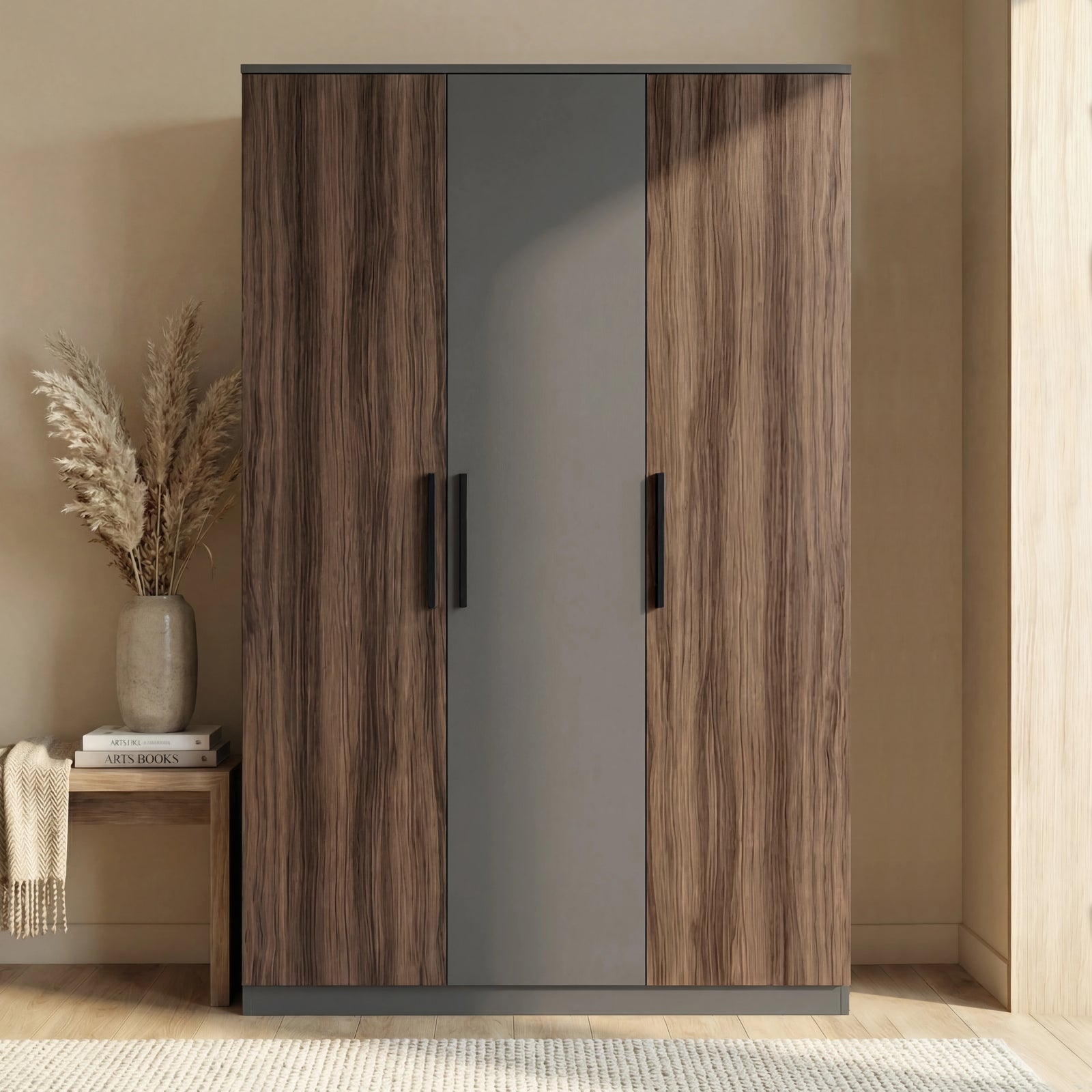 [Walnut] triple door wardrobe front view with dual tone finish and centered black handles placed against a wall in a bright lit room