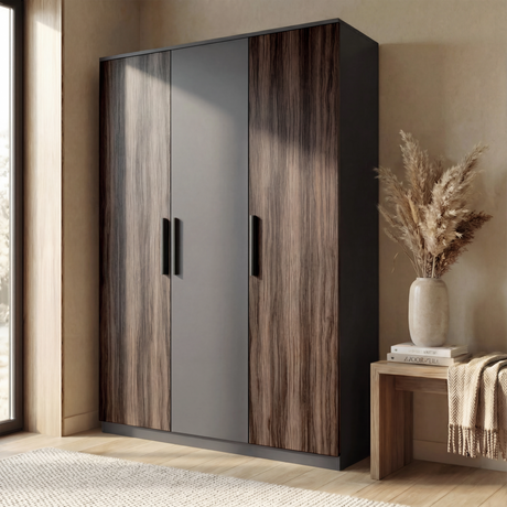 [Walnut+Grey] Angled room perspective of walnut grey triple door wardrobe placed beside decor and natural light