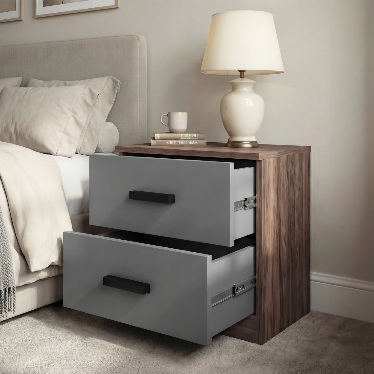 Walnut grey two drawer bedside table positioned in bedroom setting beside the bed and the window