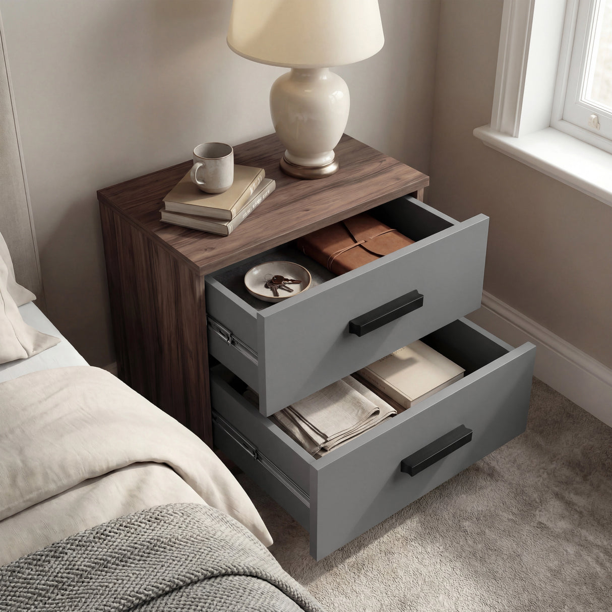 Walnut grey two drawer nightstand with drawers open, displaying interior storage compartments