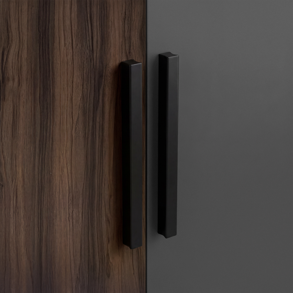 [Walnut+Grey] Close view of matte black vertical wooden handles mounted on walnut grey three door wardrobe panel