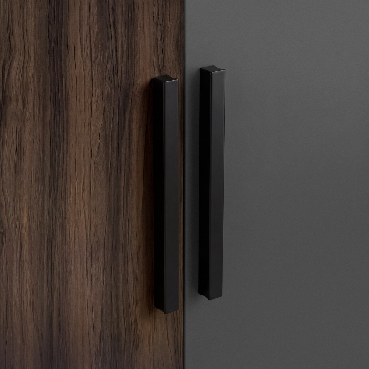 [Walnut] Close view of natural wood vertical handles mounted on walnut grey double wardrobe with hanging rail