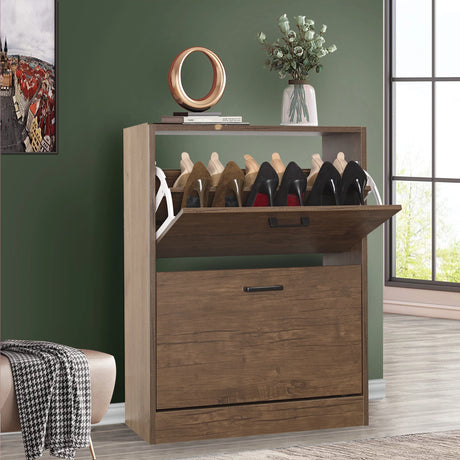 Walnut shoe cabinet 2 door with pull-down drawer open, styled with indoor plant and decorative pieces above.