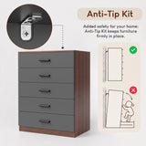 [Walnut] Graphic illustrating the Anti-Tip Kit wall-mounting safety feature for the Walnut 5 Drawer Chest.