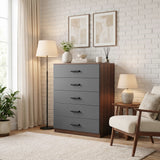 [Walnut] Wide lifestyle view of the Walnut Tall 5 Drawer Chest styled in a modern bedroom setting.