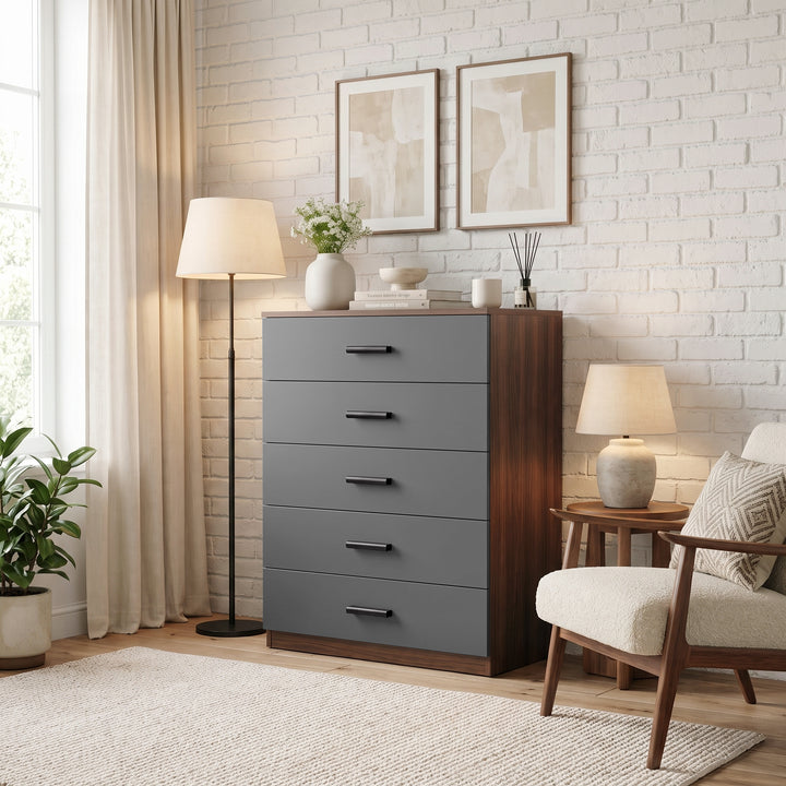 [Walnut] Wide lifestyle view of the Walnut Tall 5 Drawer Chest styled in a modern bedroom setting.