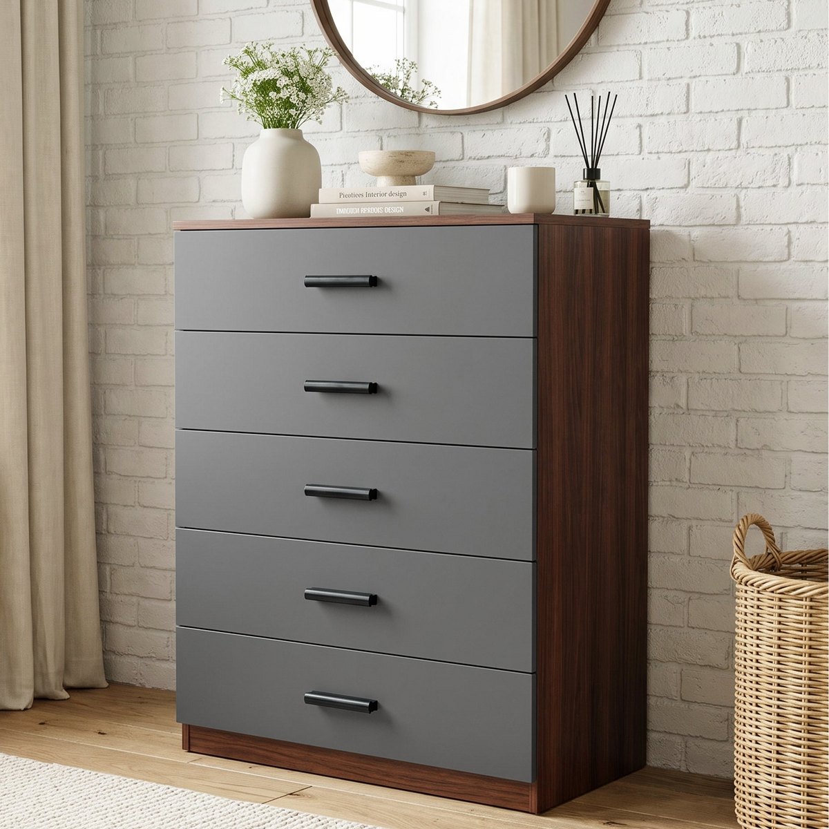 [Walnut] Angled view of the Walnut Tall 5 Drawer Chest of Drawers with grey drawer fronts and black handles.