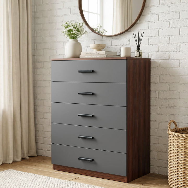 [Walnut] Angled view of the Walnut Tall 5 Drawer Chest of Drawers with grey drawer fronts and black handles.