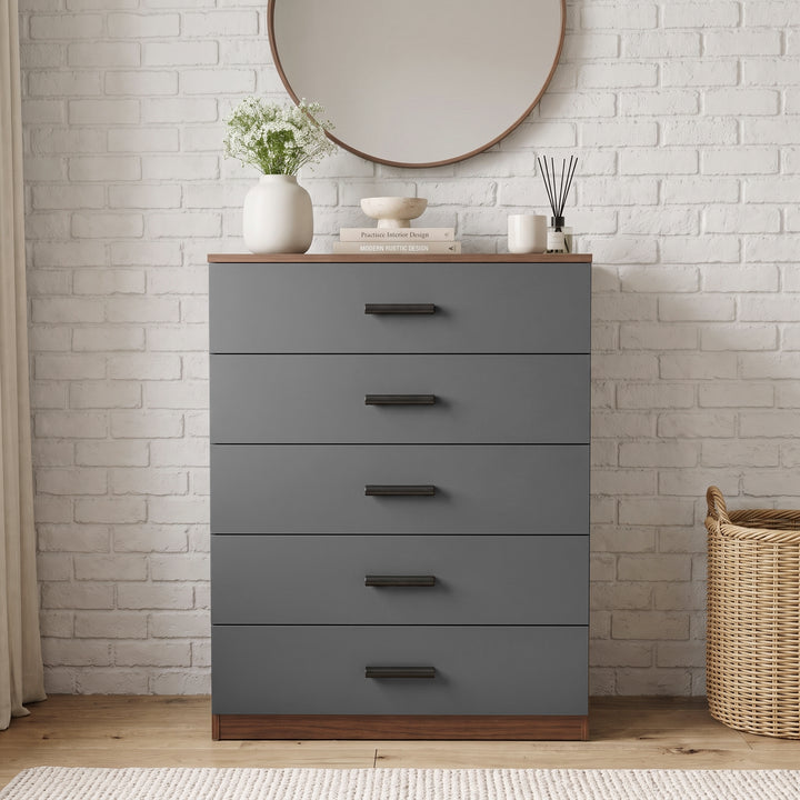 [Walnut] Front view of the Walnut Tall 5 Drawer Chest of Drawers with grey drawers and black handles.