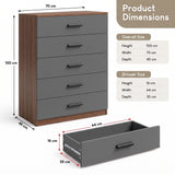 [Walnut] Dimensional diagram showing overall and drawer measurements for the Walnut 5 Drawer Chest.