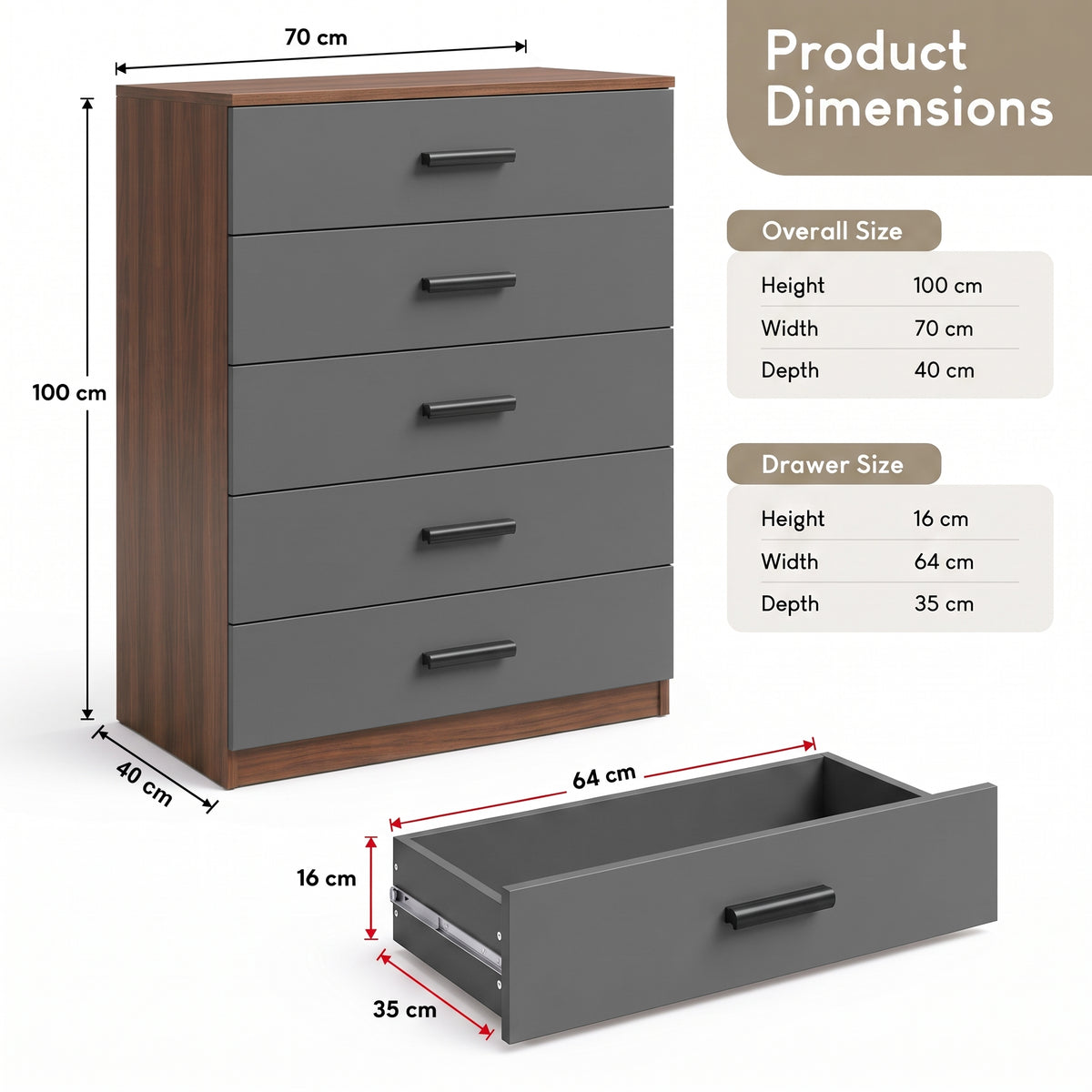 [Walnut] Dimensional diagram showing overall and drawer measurements for the Walnut 5 Drawer Chest.